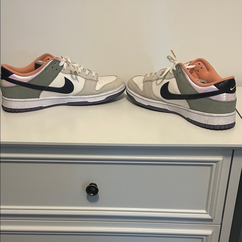Nike Men’s Dunk Low-Top Sneakers — White, Olive & Peach Accent